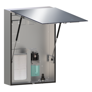 Sistem Velare™ BTM (Behind The Mirror) – dulap din inox cu oglindă fără ramă cu pictograme LED, dozator de săpun lichid și dispenser pentru prosoape de hârtie