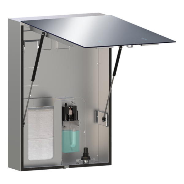 Sistem Velare™ BTM (Behind The Mirror) – dulap din inox cu oglindă fără ramă cu pictograme LED, dozator de săpun lichid și dispenser pentru prosoape de hârtie